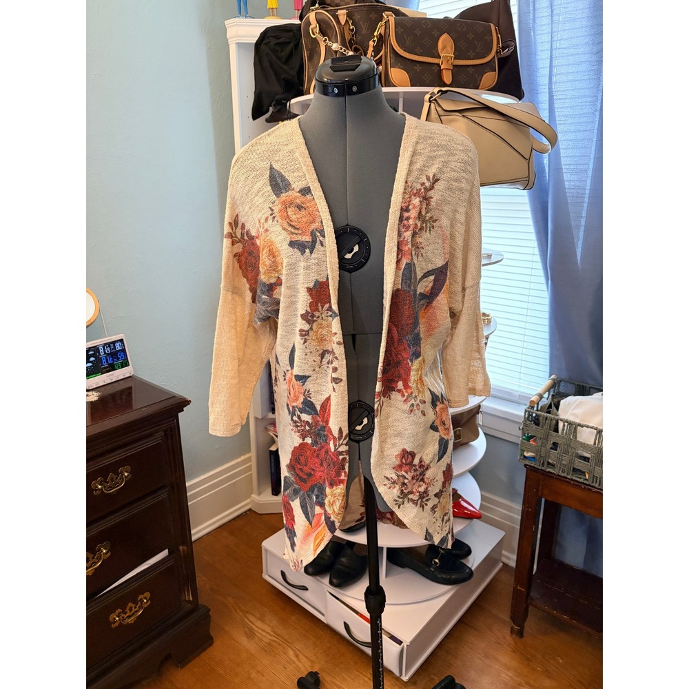 Live in the Moment Floral Open Front Cardigan L Boho Cottagecore Duster Sweater